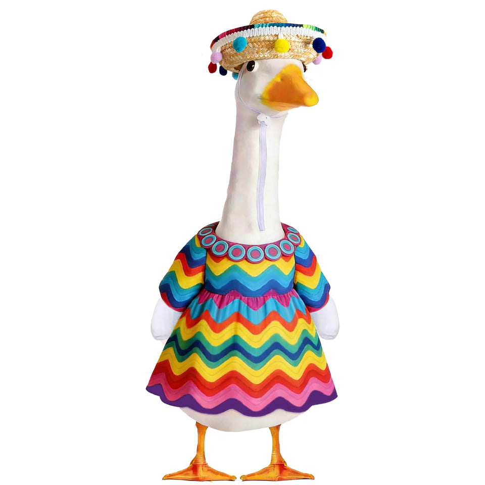 Fuzzivator Mexican Porch Goose Outfit with colorful sombrero boosts curb appeal outdoors.