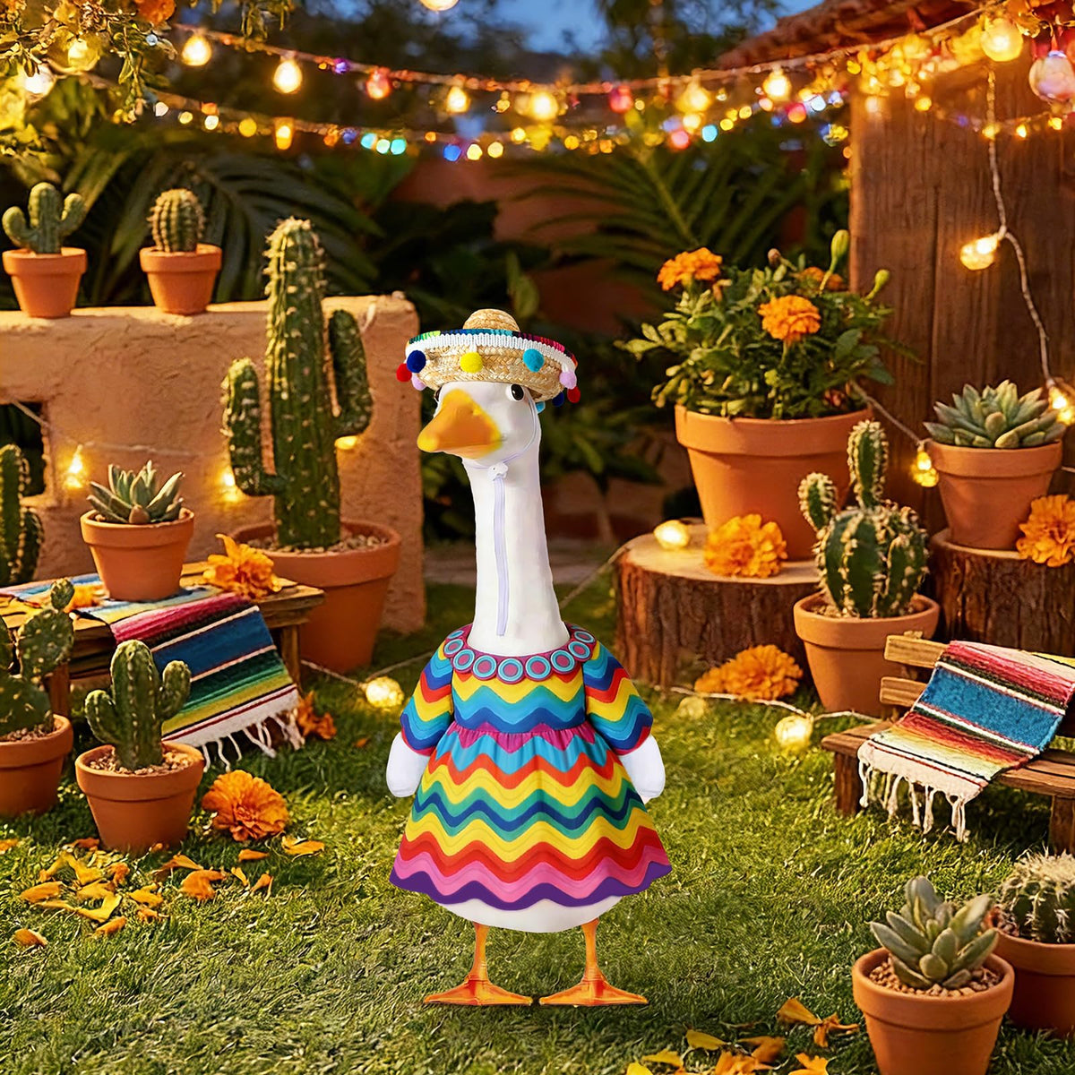 Fuzzivator outfit includes sombrero and striped dress for quick setup.