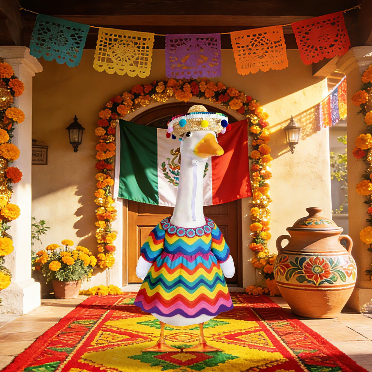 Fuzzivator yard decoration enhances garden ambiance with a playful Mexican touch.