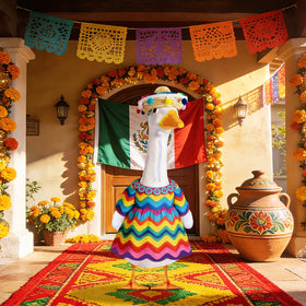 Fuzzivator yard decoration enhances garden ambiance with a playful Mexican touch.
