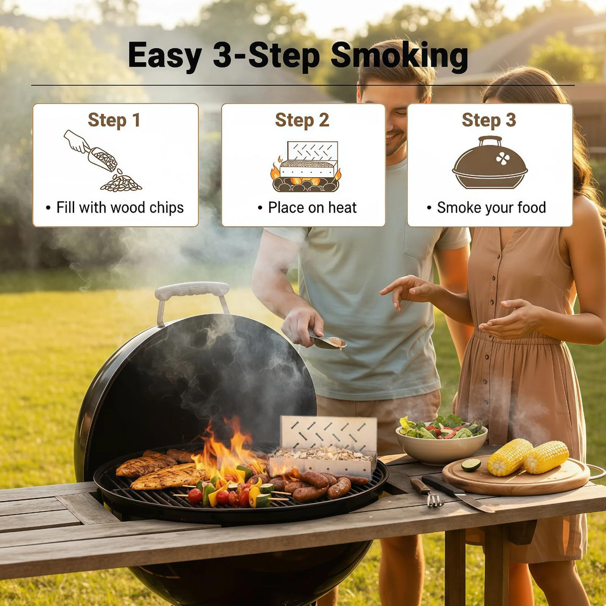 Fving Smoker Box hinged lid for easy chip changes during cooking