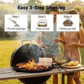 Fving Smoker Box hinged lid for easy chip changes during cooking