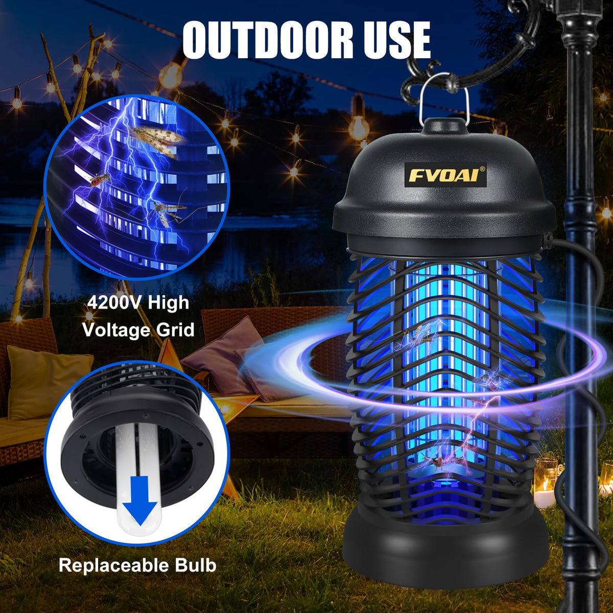 FVOAI Bug Zapper Outdoor electric grid ready for immediate insect contact