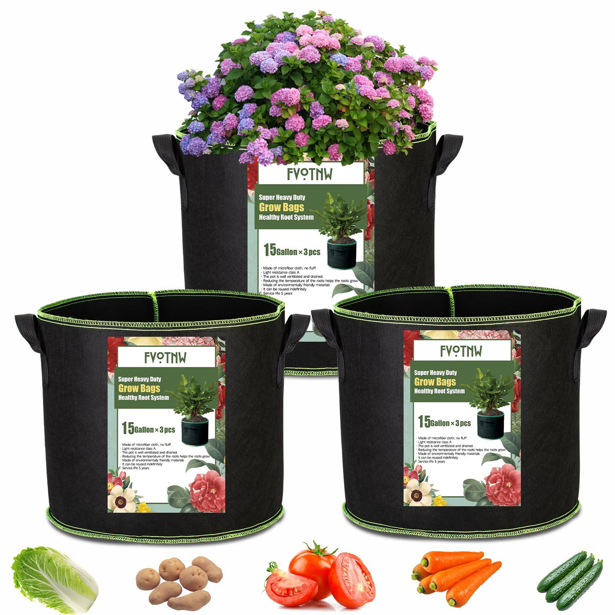 FVOTNW 15-gallon grow bag with sturdy handles for easy relocation.