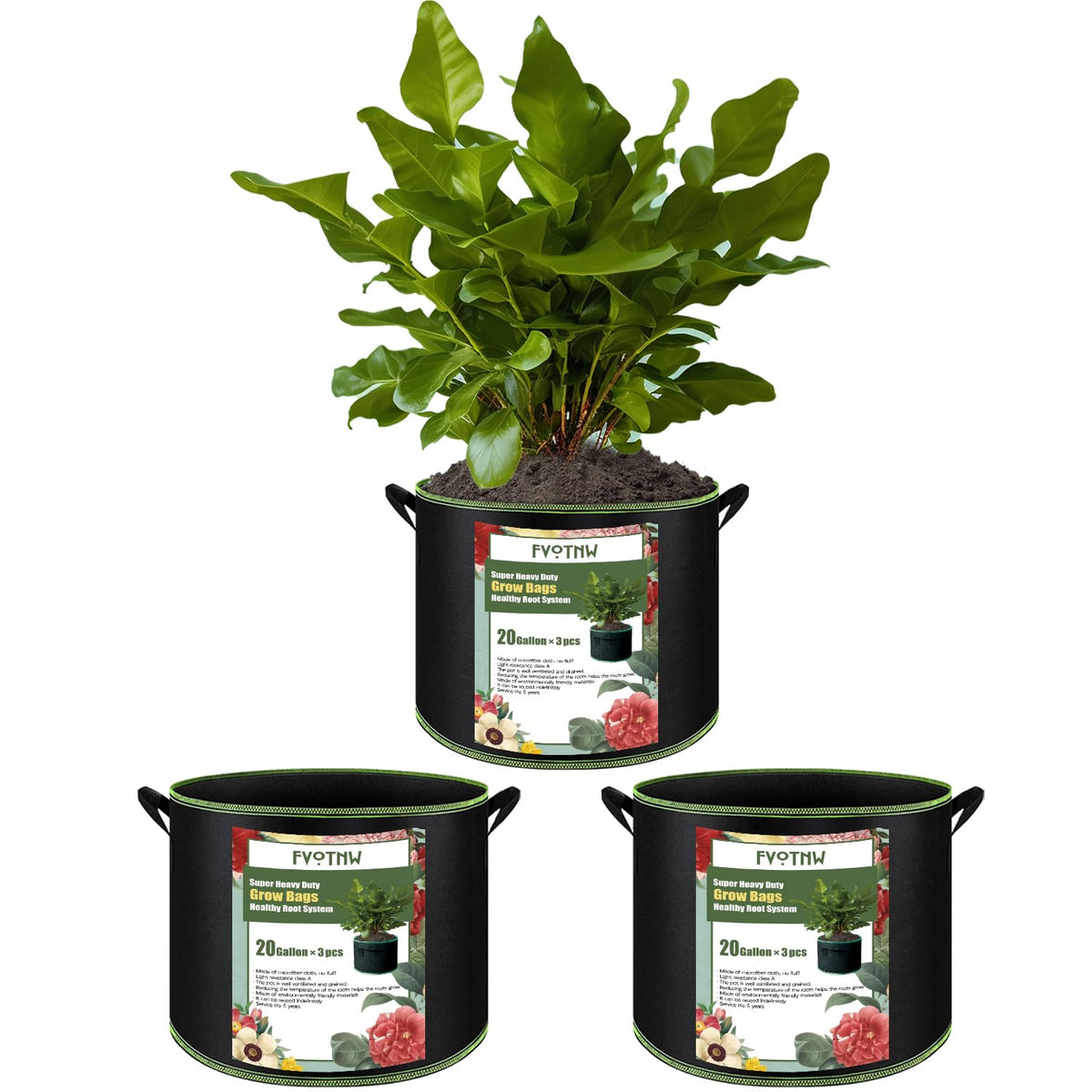 FVOTNW 3-Pack 20-Gallon Grow Bags ideal for flexible outdoor gardening and root-friendly containers.