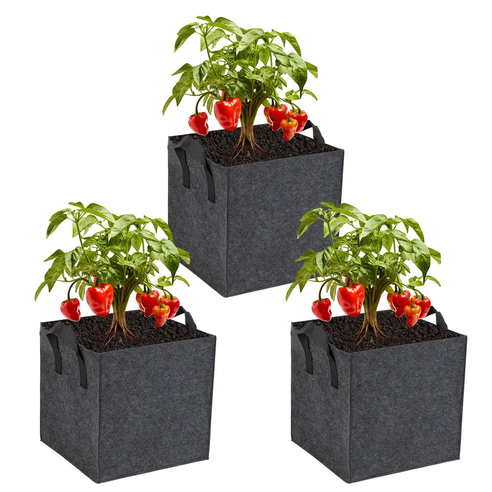 FVOTNW 3-pack 7-gallon grow bags arranged for balcony planting, showcasing compact container options