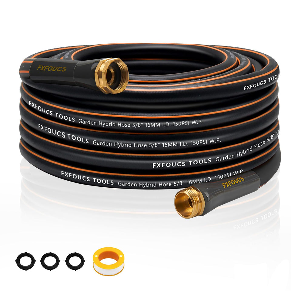 FXFOUCS heavy-duty garden hose 50ft with swivel handle enables easier watering and maneuverability.