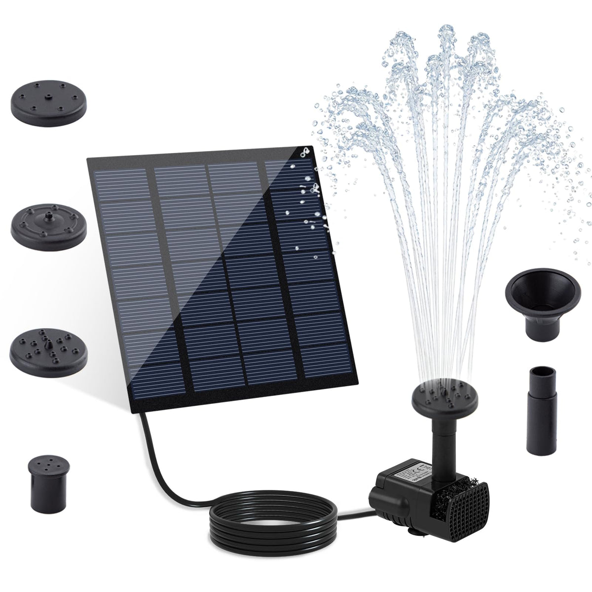 FYDGTPI solar fountain with four nozzles creating varied water patterns for birdbaths
