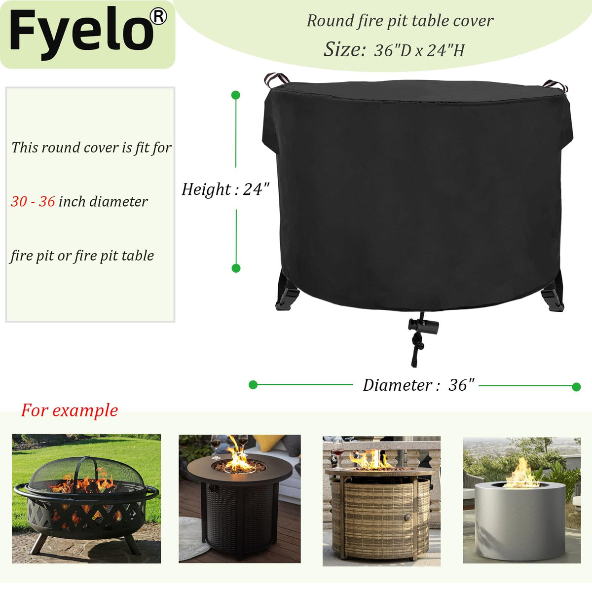 Fyelo cover with windproof straps keeps your round fire pit secure during storms.