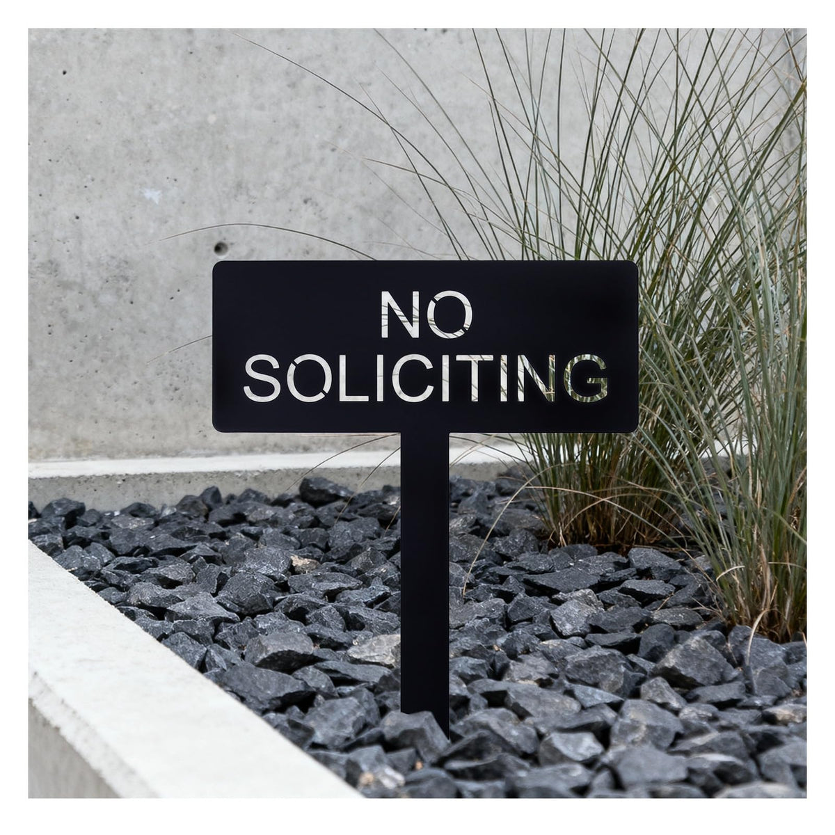Fynleka no soliciting sign, front view, complements modern home exteriors.