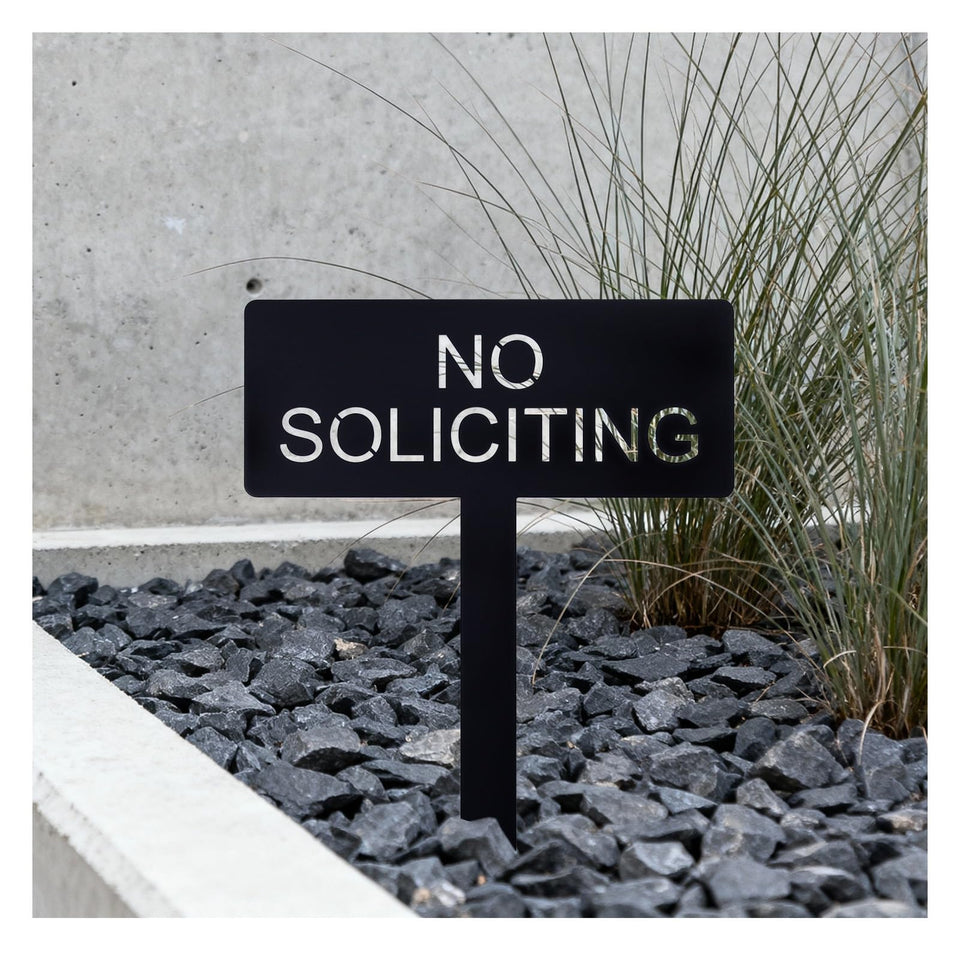 Fynleka no soliciting sign, front view, complements modern home exteriors.