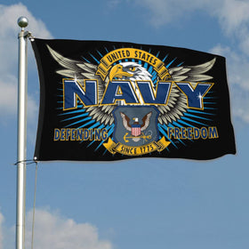 Fyon Defending Freedom Flag side view demonstrates double sided printing for versatile display