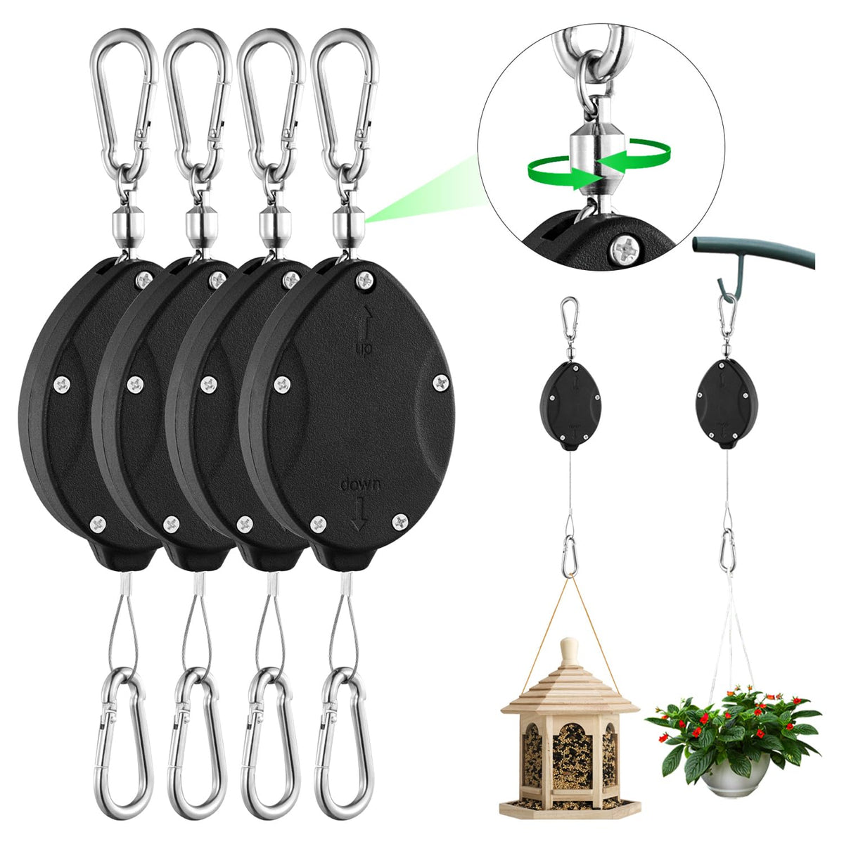 FYRVEXENZI heavy-duty retractable plant hangers 4-pack shown ready to suspend outdoor plants