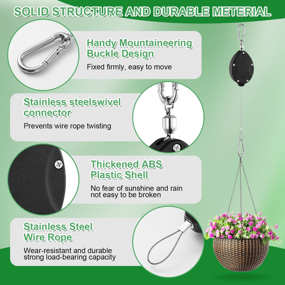 FYRVEXENZI stainless steel wire and ABS components highlight rust resistance for year-round use