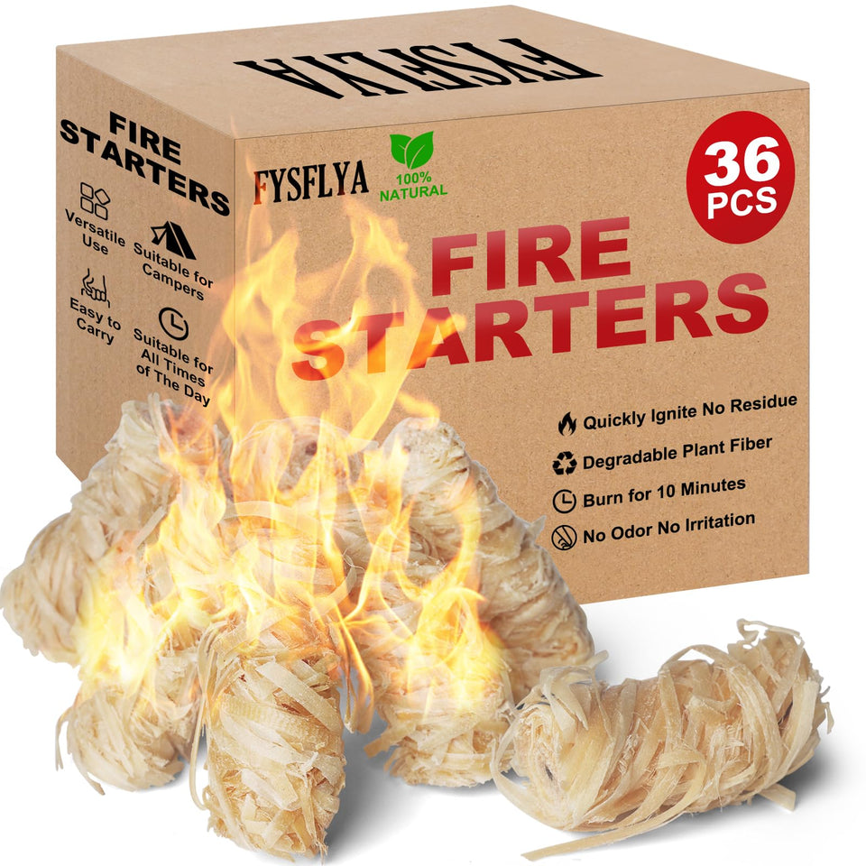 FYSFLYA fire starter packaging close-up highlighting easy use and eco-friendly design.