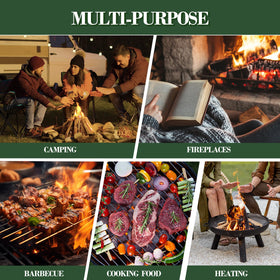 FYSFLYA versatile-use scenarios image shows fire-starting in grill, campfire, or fireplace.