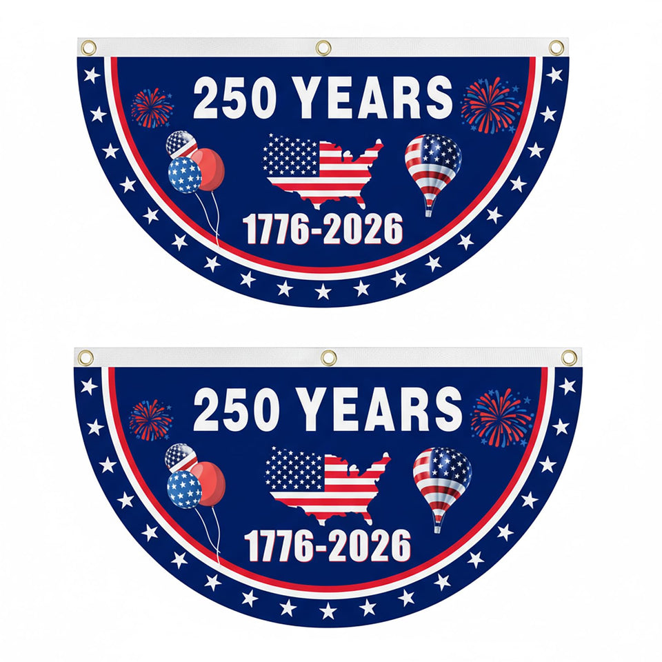 Fzkaly 250th anniversary flag side view, bold text and fireworks.