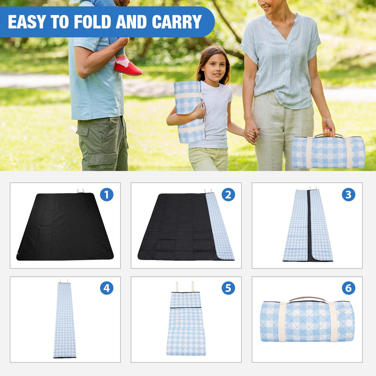 G GOOD GAIN picnic blanket waterproof backing keeps damp grass at bay.