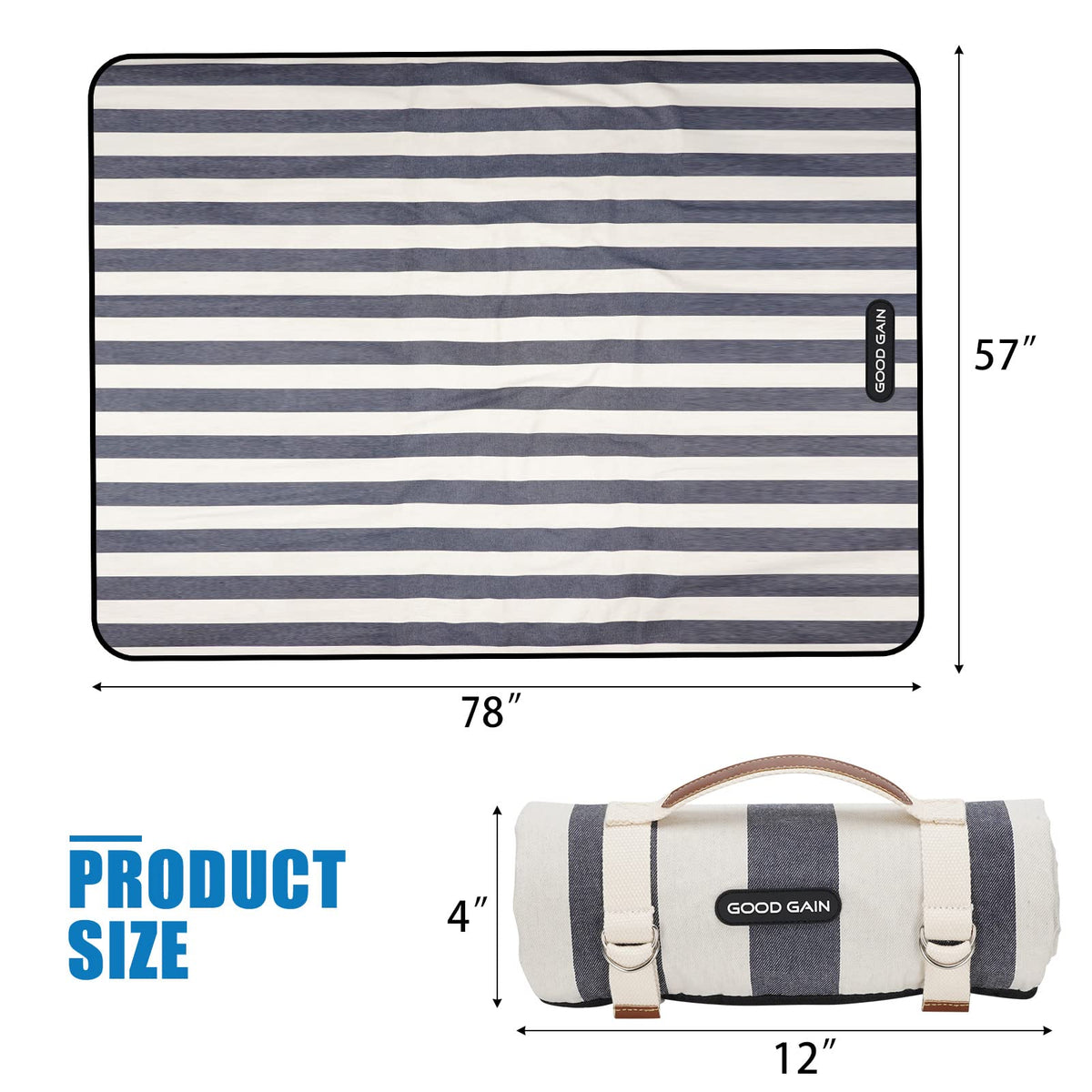G GOOD GAIN denim blue picnic blanket sturdy handle strap for easy carry.