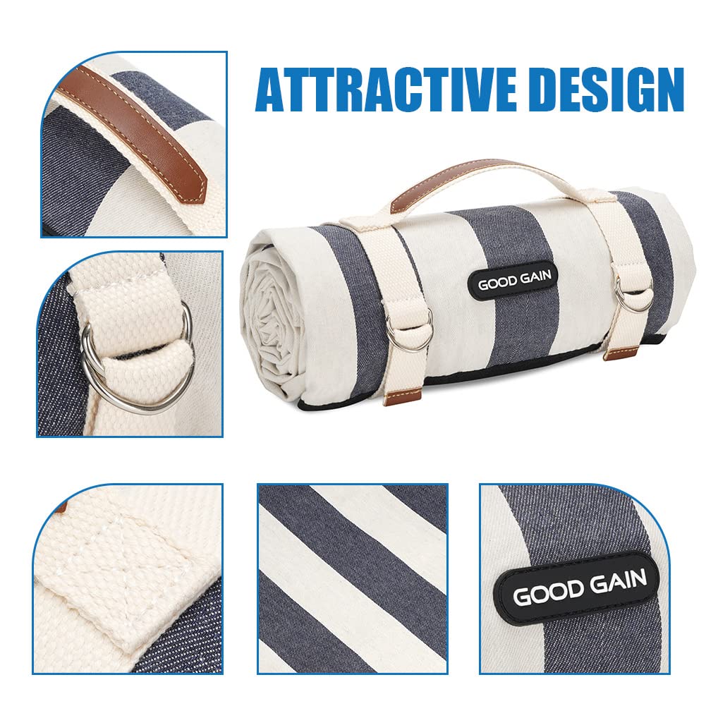 G GOOD GAIN denim blue picnic blanket opened on lawn for family gatherings.