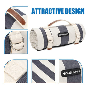 G GOOD GAIN denim blue picnic blanket opened on lawn for family gatherings.