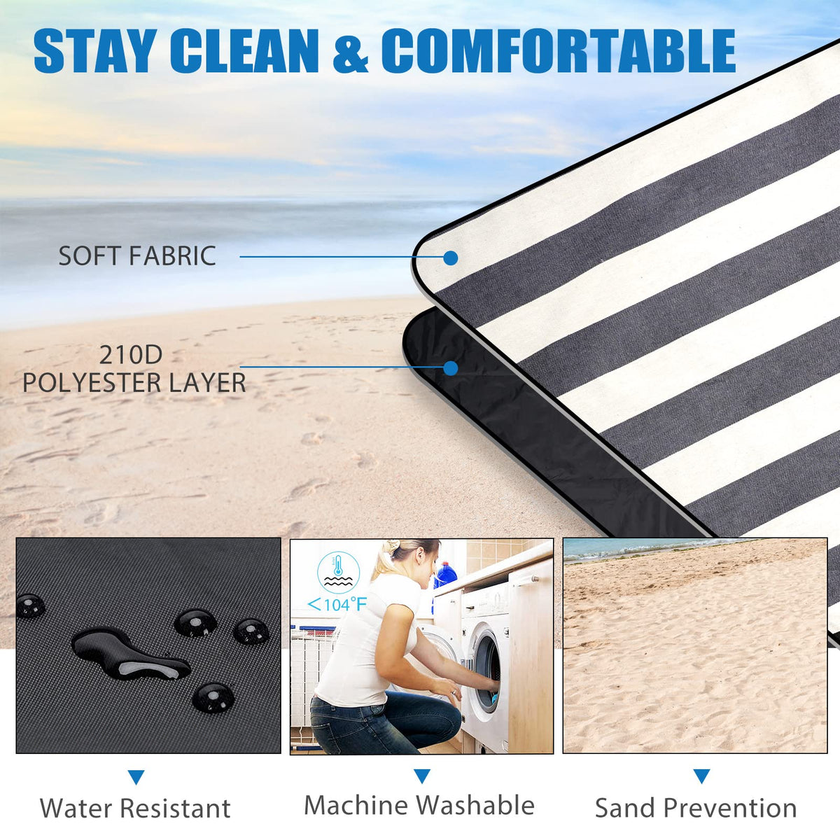 G GOOD GAIN denim blue picnic blanket waterproof backing keeps feet dry.