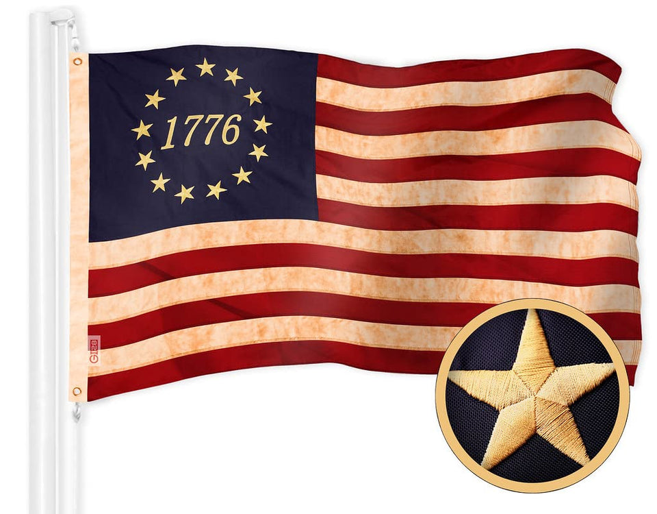 G128 Betsy Ross flag with tea-stained finish for durable outdoor display.