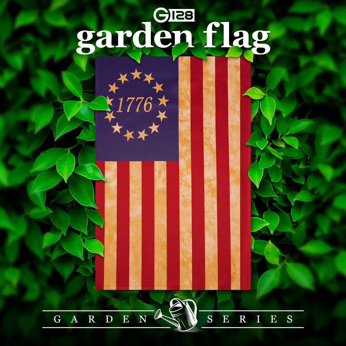 G128 Betsy Ross flag, back view, same print, ready for viewing from either side.