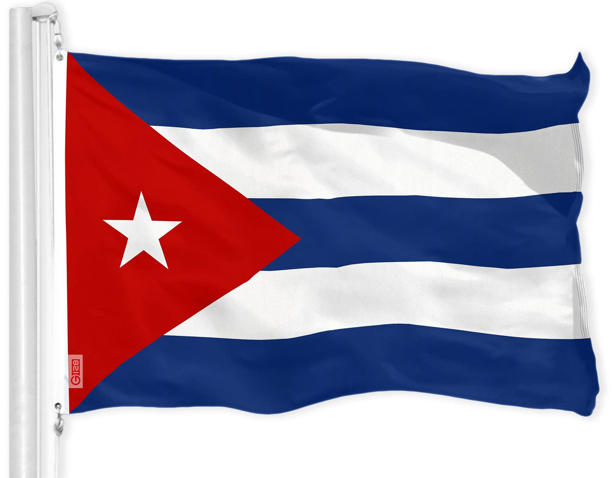 G128 Cuba flag 3x5ft displays vibrant dye-sublimated colors for outdoor and indoor use.