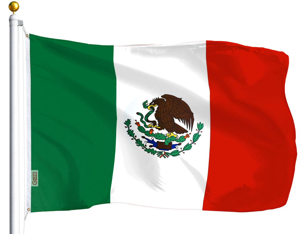 G128 Mexico flag 3x5 ft dye-sublimated for bright outdoor colors.
