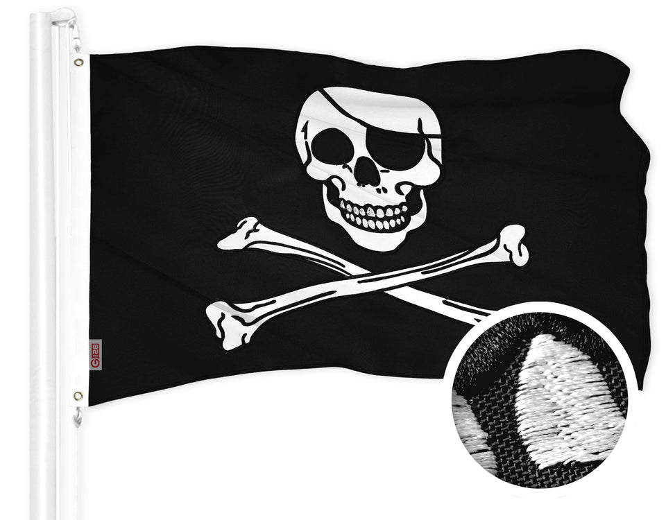 G128 pirate Jolly Roger bones flag front view, durable outdoor display.