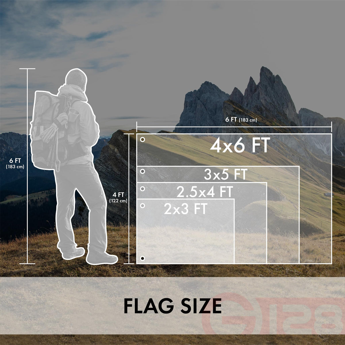 Versatile G128 flag suitable for indoor and outdoor setups