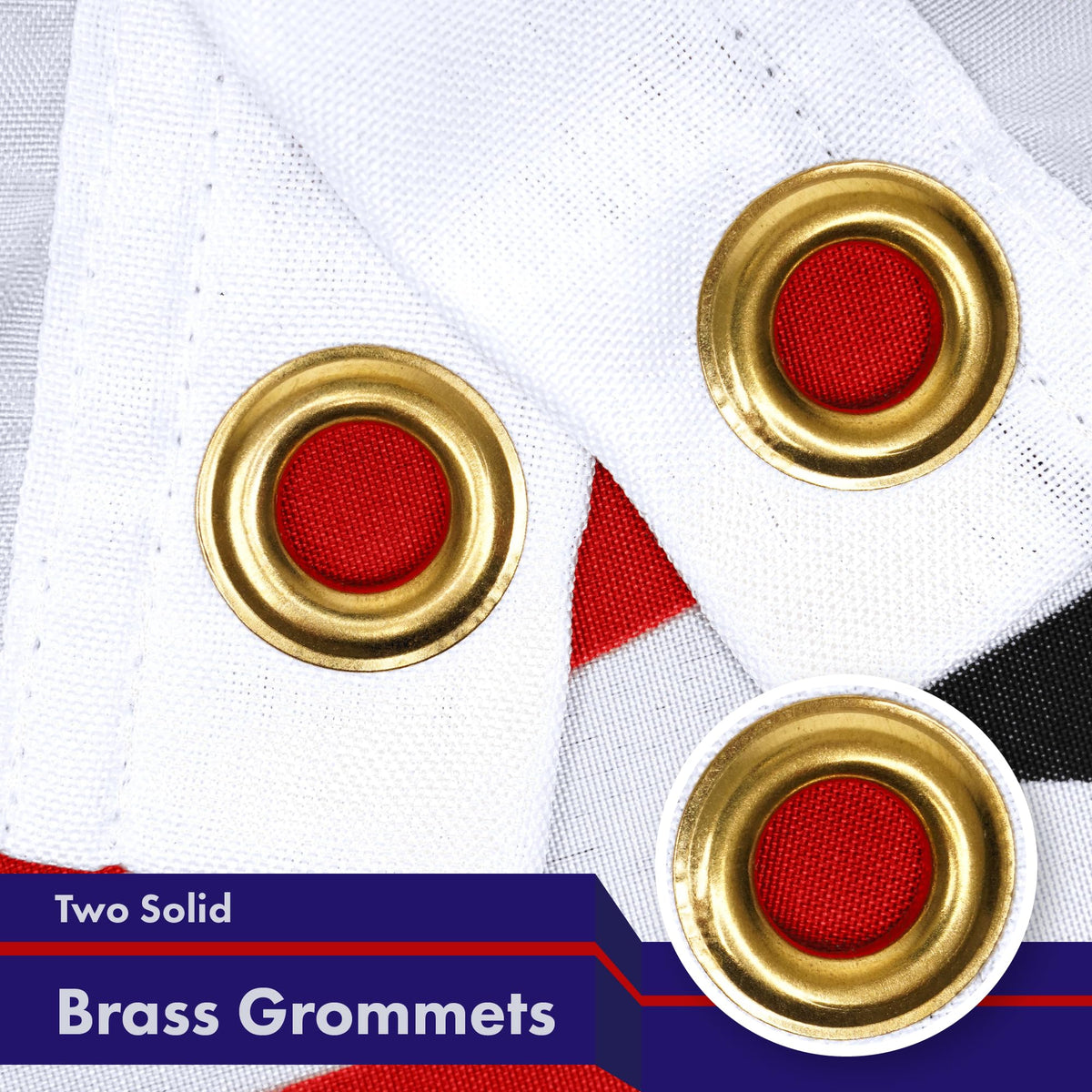 G128 flag brass grommets close-up for durable pole hanging.
