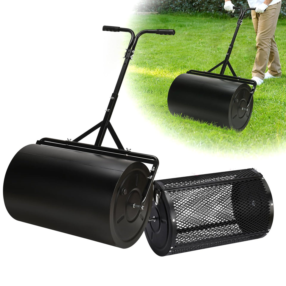 GADFISH 24-inch compost spreader with mesh roller for even distribution and cleaner operation