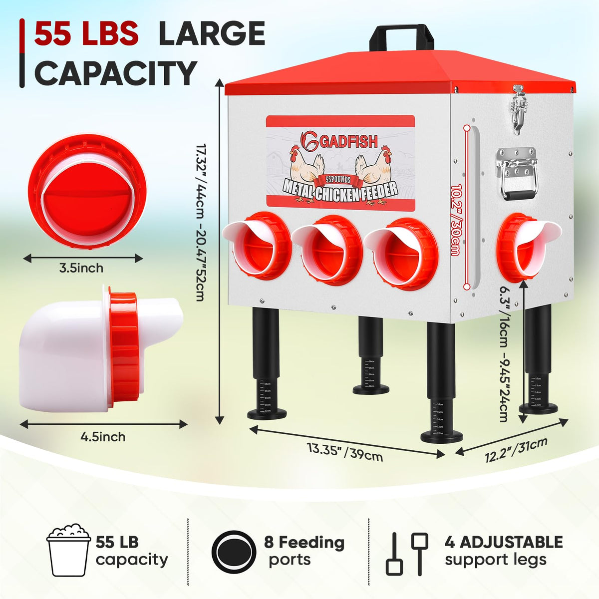 Eight-port feeding system supports multiple birds feeding at once.