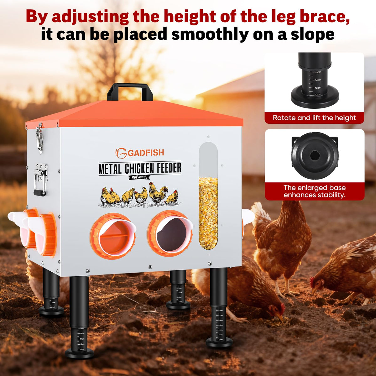 GADFISH feeder with height-adjustable legs for uneven terrain