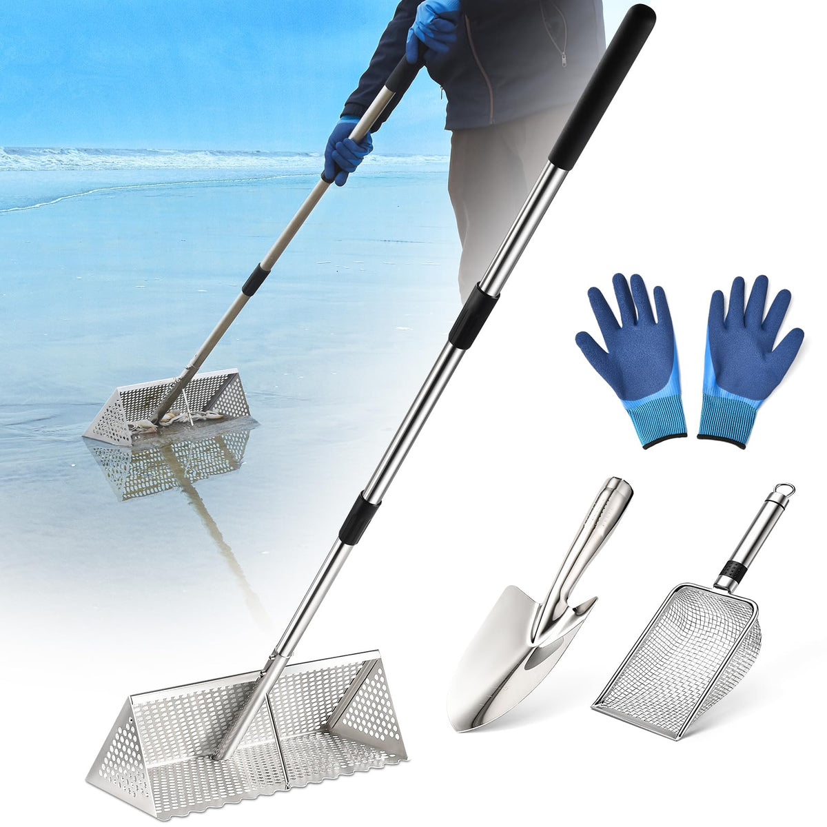 GADFISH Sand Flea Rake with long handle for quick beach collection.
