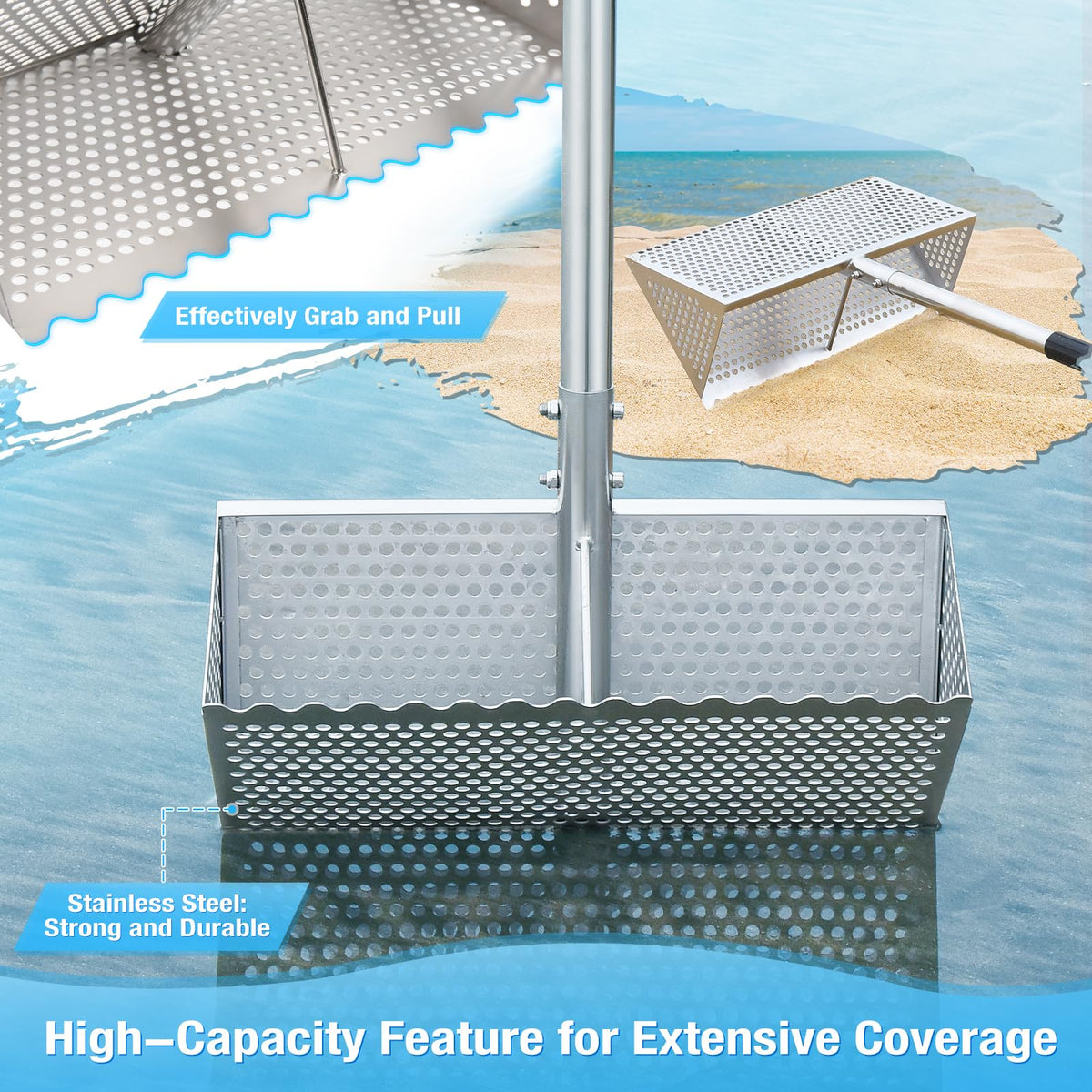 GADFISH shell scooper and mesh sifter aiding shell separation on sand.