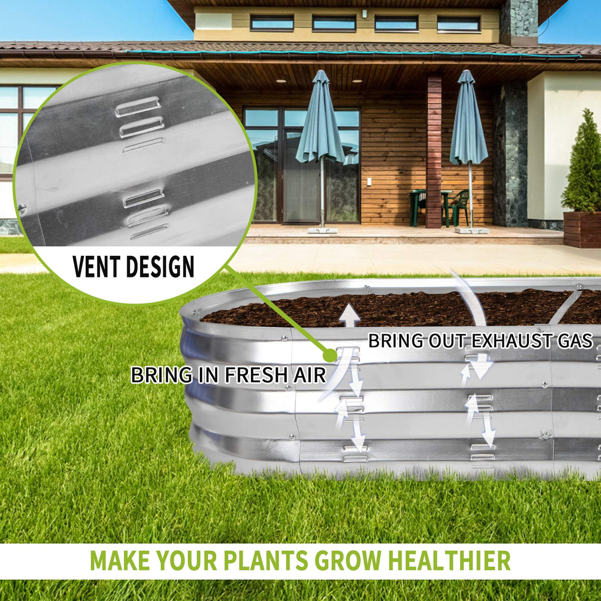 GADI 67-inch galvanized raised garden bed side ventilation detail supports healthy roots