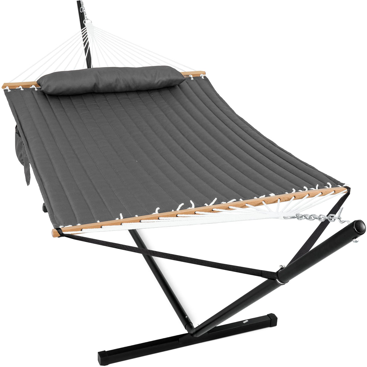 Gafete 2-person hammock with stand outdoors, ideal for shared relaxation.