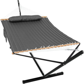 Gafete 2-person hammock with stand outdoors, ideal for shared relaxation.