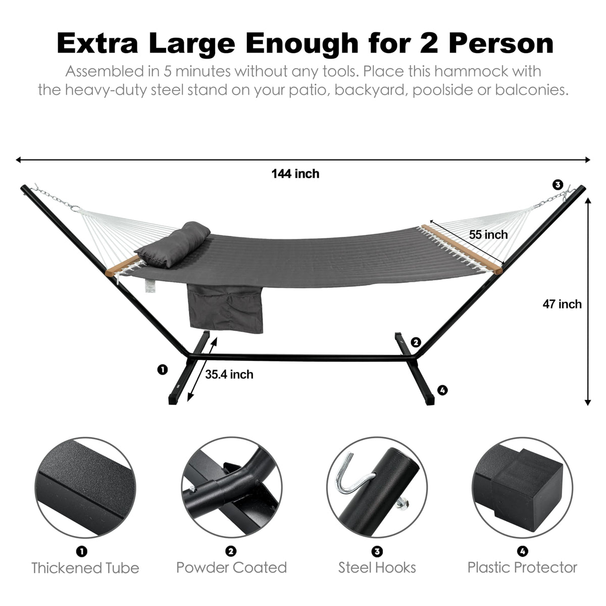 Gafete double hammock 144 inches long, spacious for two people to relax together.