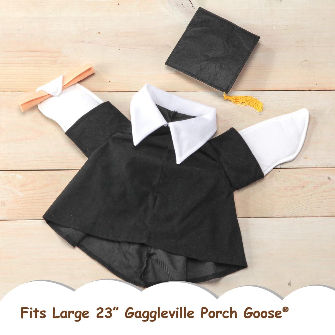 Gaggleville Graduation Goose Outfit diploma prop adds celebratory milestone detail.