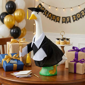 Gaggleville Graduation Goose Outfit suits indoor and sheltered outdoor spaces.