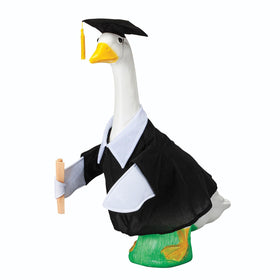 Gaggleville Graduation Goose Outfit on a 23-inch statue, festive centerpiece.