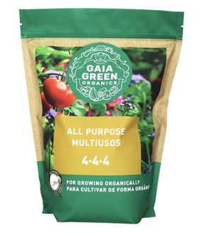Gaia Green 4-4-4 all purpose fertilizer bag ready for garden use to boost soil nutrition