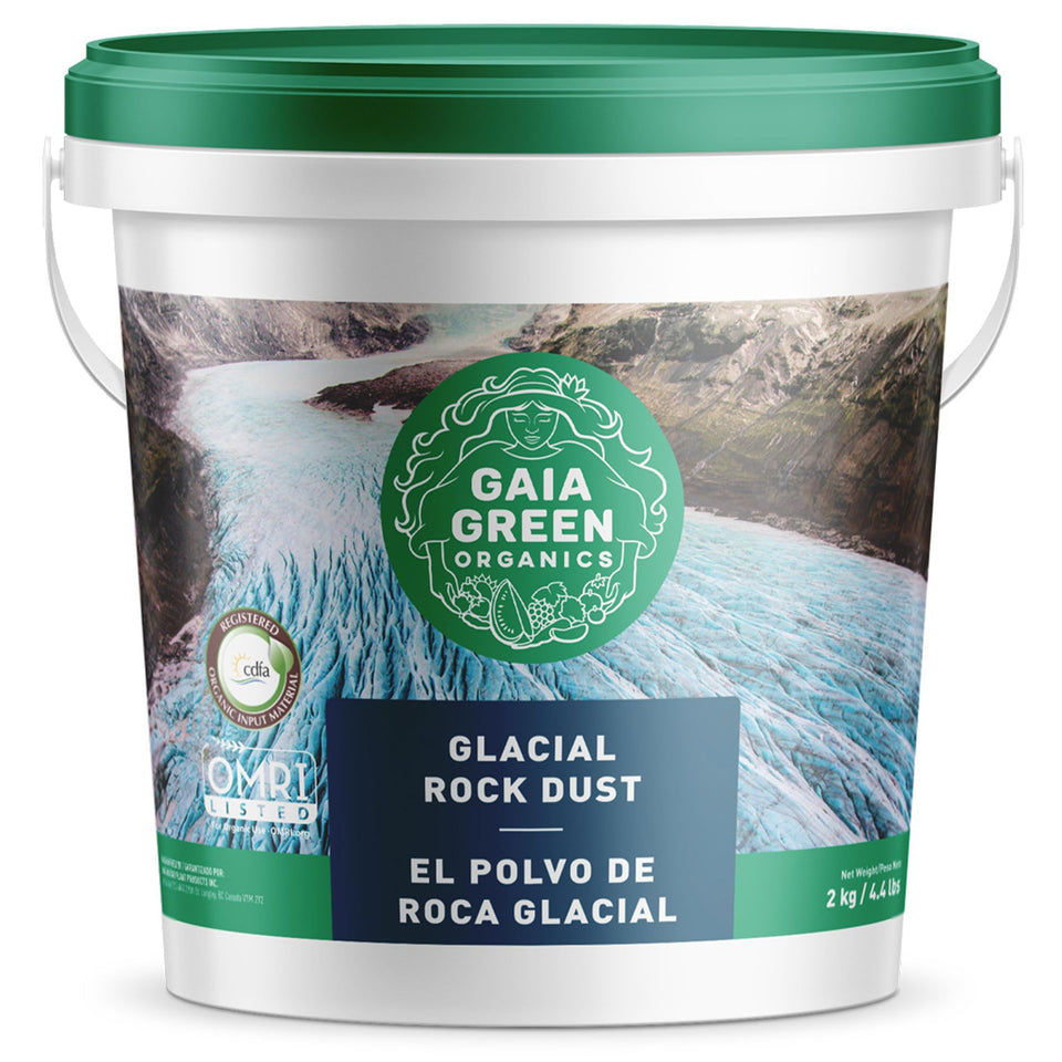 Gaia Green Glacial Rock Dust 2kg pack ready for soil application
