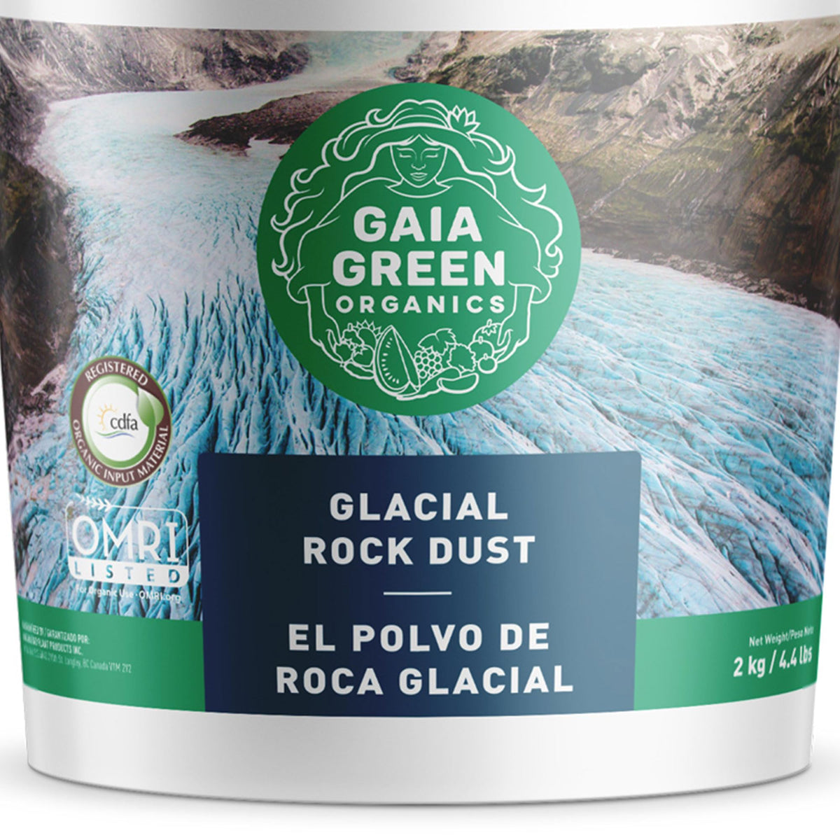 Gaia Green Glacial Rock Dust bag beside garden soil for mineral replenishment