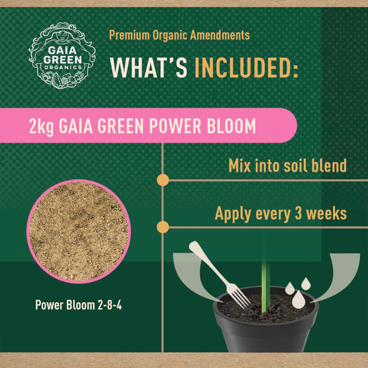 Gaia Green Power Bloom enhances flowering for vibrant outdoor and indoor plants.
