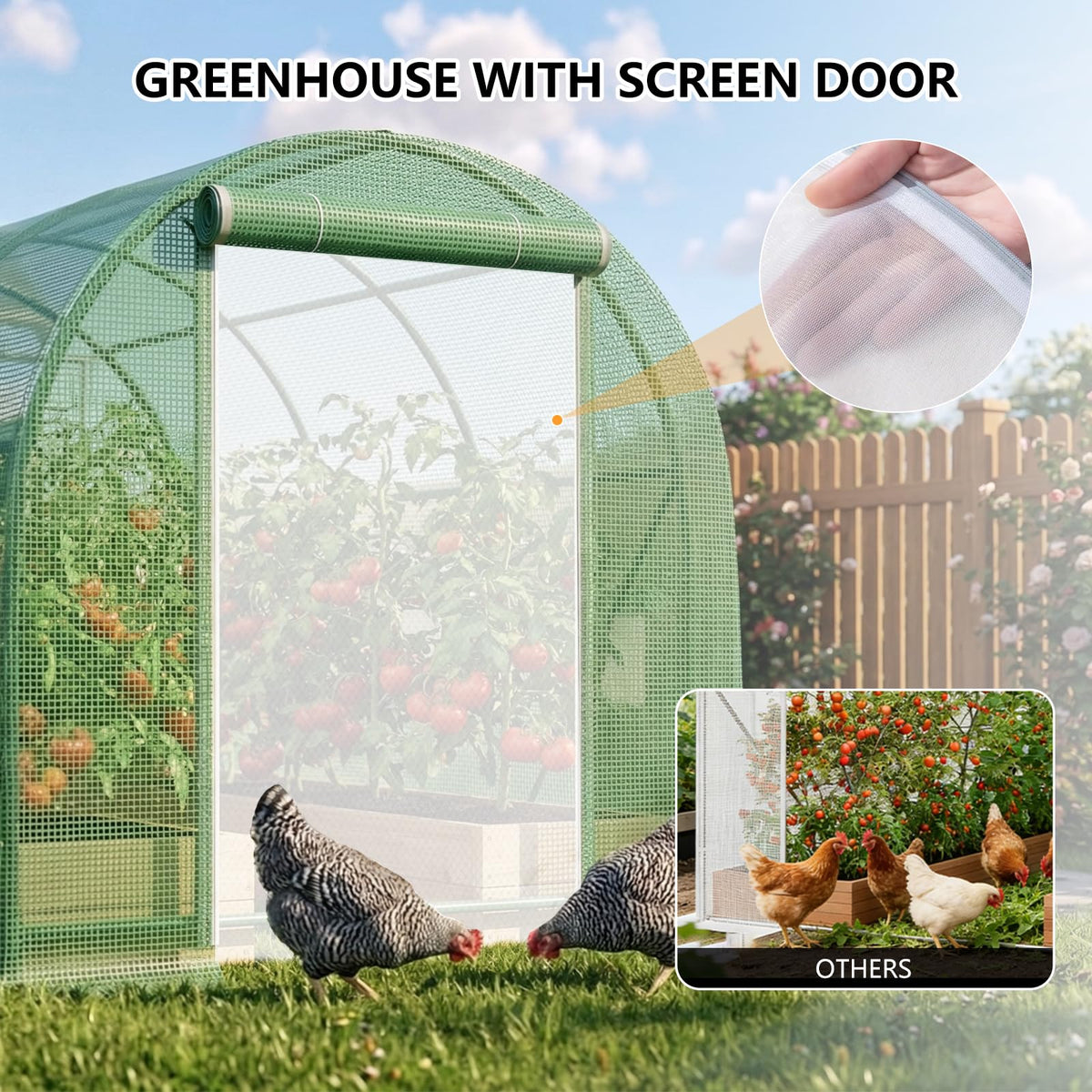 Gaildon greenhouse roll-up door provides easy access and adjustable ventilation.